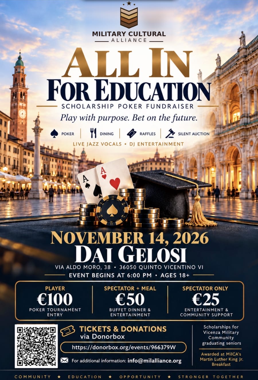 All In for Education Scholarship Poker Fundraiser flyer: November 14, 2026 at Dai Gelosi, Quinto Vicentino. Event begins at 6:00 PM, ages 18 and up.